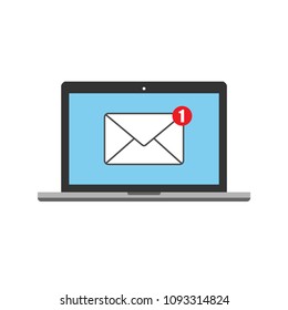 mail inbox notification, notification received, notification concept, newsletter, new email on laptop, vector illustration, flat design