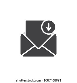 Mail inbox vector icon. filled flat sign for mobile concept and web design. Email message with download arrow simple solid icon. Symbol, logo illustration. Pixel perfect vector graphics