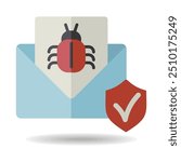 Mail infected malware vector icon. Envelope with mail and virus bug spam alert. Email spam, phishing, scam and hacker attack concept