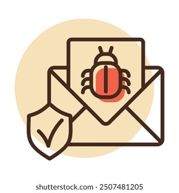 Icono de Vector de malware infectado de correo. Sobre con correo y virus bug spam alert. Correo electrónico spam, phishing, estafa y concepto de ataque de hackers