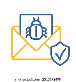 Mail infected malware vector icon. Envelope with mail and virus bug spam alert. Email spam, phishing, scam and hacker attack concept