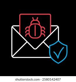 Mail infected malware vector on black background icon. Envelope with mail and virus bug spam alert. Email spam, phishing, scam and hacker attack concept