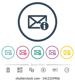 Mail information flat color icons in round outlines. 6 bonus icons included.