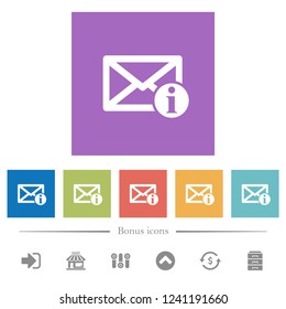 Mail information flat white icons in square backgrounds. 6 bonus icons included.