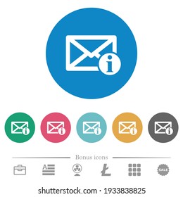 Mail information flat white icons on round color backgrounds. 6 bonus icons included.