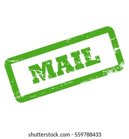 Mail inscription in rectangle frame. Green rubber stamp with rough texture. Vintage vector icon on white. Mail word stamp for business process concept, office document stamp, time planner sticker