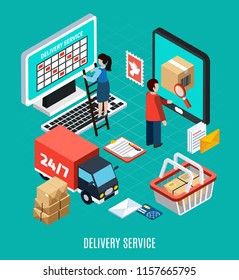 Mail isometric concept schematic implementation of work delivery and delivery service headline vector illustration