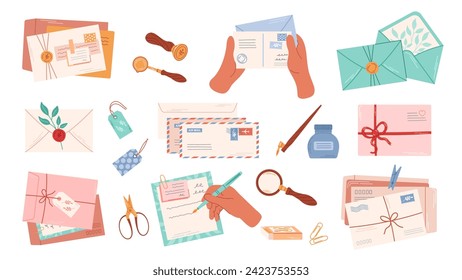 Mail items set. Various envelopes, letters, stamps and postal stationery. People write letters by hand. Isolated vector illustration.