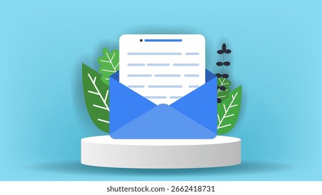 E-Mail mit Blättern Konzept Hintergrund Webseite Vorlage. Design für Tapete, Web, Hintergrund, Banner. Flaches Cartoon-Design.