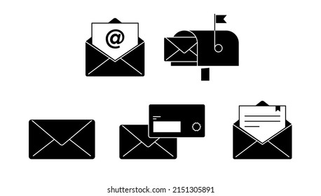 Mail letter mail box email message icons set black and white vector illustration. Isolated on white background