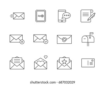 Mail, letter and communication related line icons set with envelope, post card, stamp, and postbox.