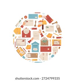 Mail letter concept, circle flat doodle style. Envelope, stamp, handwritten paper with postcard. Post message, creative correspondence theme, icon round design, stationery background, modern