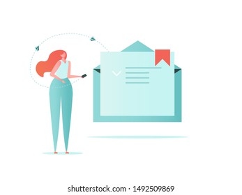 Mail, Letter, Data protection concept. Business woman with mail, lock and phone. Insurance from business risk. Vector illustration in flat cartoon design