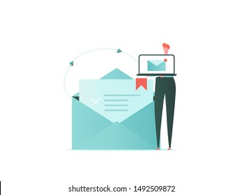 Mail, Letter, Data protection concept. Business man with mail, lock and phone. Insurance from business risk. Vector illustration in flat cartoon design