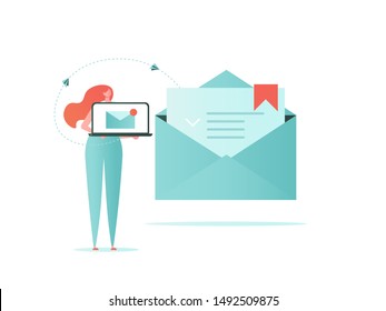 Mail, Letter, Data protection concept. Business woman with mail, lock and phone. Insurance from business risk. Vector illustration in flat cartoon design