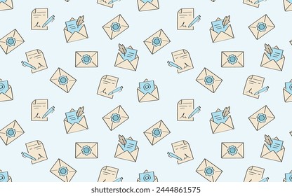 correo. carta. garabato. marca. papel. patrón sin fisuras. el patrón. sin fisuras. Vector. patrón para textiles y envoltorios de regalo. sobre un fondo de color.