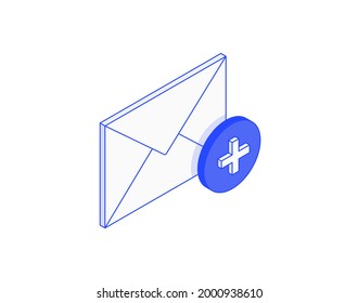Correo, carta, correo electrónico, añadir mensaje, más icono, sobre isométrico ilustrar icono de vector 3d. Ilustración moderna de diseño creativo en línea plana.