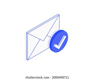 Correo, carta, correo electrónico, envío exitoso, mensaje, sobre isométrico ilustran el icono del vector 3d. Ilustración moderna de diseño creativo en línea plana.