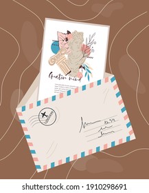 Mail  letter envelope with card inside, flat vector illustration. Retro airmail envelope with a postcard featuring a tourist landmark. Message from travel and mail, messaging concept.