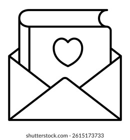 Mail letter with favorite book thin line icon, children book holiday concept. Vector graphics. Postage parcel sign on white background, style mobile or design