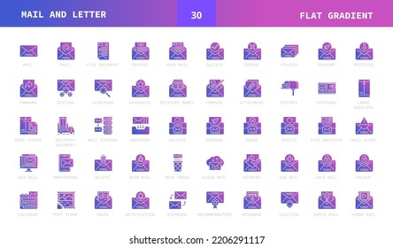 Iconos de estilo de gradiente plano de correo y carta. Conjunto de correo, correo electrónico, carta, entrega, mensaje y más. Se puede usar para productos digitales, presentación, interfaz de usuario y más. Ilustración vectorial en un fondo blanco.
