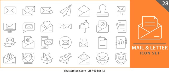 Mail and Letter icon set. Set of icons related to mail, email, postal letter and others. Vector illustration.