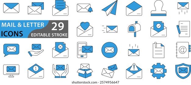 Mail and Letter icon set. Set of icons related to mail, email, postal letter and others. Vector illustration.