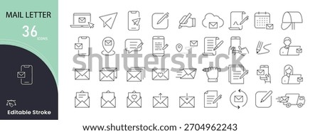 Mail Letter icons set. Includes icons for envelope, message, delivery, post, inbox, send, stamp, communication, document, and correspondence. Editable stroke.