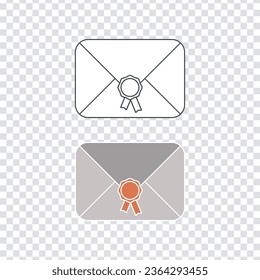 Mail letter icons set, legal award sign, outline black strokes, retro beige red coloured version. Checkered banner background. Flat design. Vector illustration