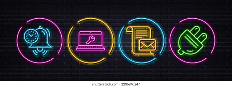 Mail letter, Laptop repair and Time management minimal line icons. Neon laser 3d lights. Electric plug icons. For web, application, printing. Read e-mail, Computer service, Alarm clock. Energy. Vector