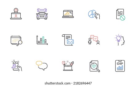 Mail letter, Music phone and Diagram graph line icons for website, printing. Collection of Report document, Chat message, Car icons. Calendar, Analytics chart, Graph laptop web elements. Vector