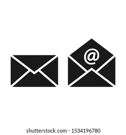 Mail, letter open and closed email sign with at symbol. Envelope black vector icon set.