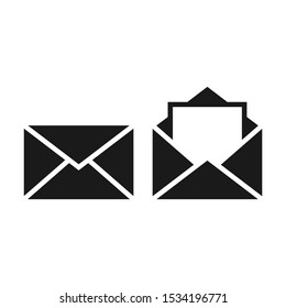 Mail, letter open and closed sign with blank sheet. Envelope black vector icon set.
