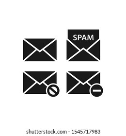 Mail, letter, open email with spam symbol and text. Envelope sign for spam, ban, do not open, black vector icon set.