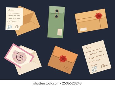Papel de carta de correo postal sobre tarjeta de felicitación concepto de oficina. Ilustración de Diseño gráfico plano de Vector