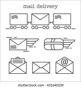 Mail. Letter, parcel, mail. E-mail. Fast delivery of letters. Set of vector icons.