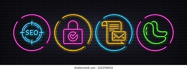 Mail letter, Password encryption and Seo minimal line icons. Neon laser 3d lights. Cashew nut icons. For web, application, printing. Read e-mail, Protection locker, Search target. Vector