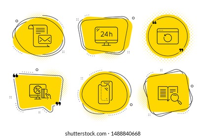 Mail letter, Recovery internet and Search text signs. Chat bubbles. 24h service, Online shopping and Smartphone glass line icons set. Call support, Black friday, Phone protect. Read e-mail. Vector