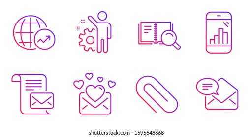 Mail letter, Search book and Employee line icons set. Love mail, World statistics and Graph phone signs. Paper clip symbol. Read e-mail, Online education. Education set. Vector