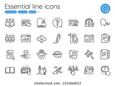 Mail letter, Startup rocket and Lgbt line icons. Collection of Approved, Verified internet, Book icons. Musical note, Correct checkbox, Inspect web elements. Signature, Paint roller. Vector