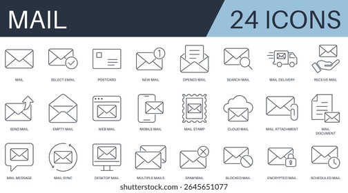 Linha de e-mail ícones editáveis definidos. Ilustração vetorial no estilo moderno de linha fina de ícones relacionados à comunicação: e-mail, envelope, entrega postal e muito mais. Limpar e mínima linha ícone pacote.