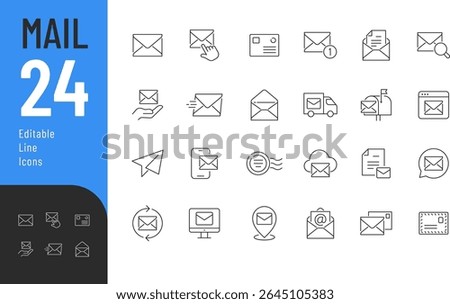 
Mail Line Editable Icons set. Vector illustration in modern thin line style of communication related icons: e-mail, envelope, postal delivery, and more. Isolated on transparent background.
