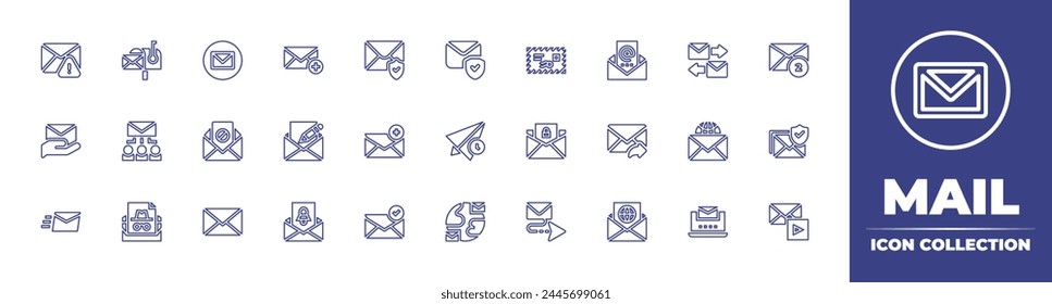 Colección de icono de línea de correo. Trazo editable. Ilustración vectorial. Conteniendo sobre, conectividad, expreso, enviar correo electrónico, correo anónimo, mensaje, spam, correo electrónico, enviado, lista de correo, correo nuevo, enviar correo.