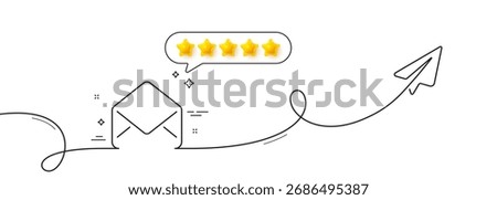 Mail line icon. Continuous line with share plane. Message correspondence sign. E-mail symbol. Five star rate review in speech bubble. Mail single line ribbon. Loop curve pattern. Vector