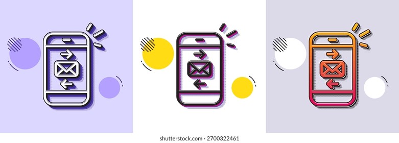 Icono de línea de correo. Patrón punteado de semitono. Icono de degradado con sombra de grano. Símbolo de comunicación del smartphone. Signo de chat de negocios. Icono de línea de correo. Varios diseños. Vector