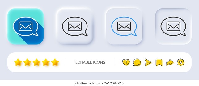 Mail line icon. Neumorphic, Flat shadow, 3d buttons. Messenger communication sign. E-mail symbol. Line messenger icon. Social media icons. Vector