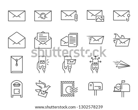 Mail line icon set. Included icons as email, dove, envelope, sent, post box and more.