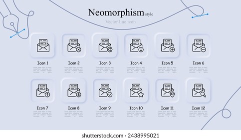 Conjunto de iconos de línea de correo. Información, marca de verificación, dólar, asterisco, favoritos, correspondencia, cartero, engranaje, ajustes, menos, carga. Estilo neomorfista. Icono de línea vectorial para negocios