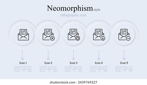 Conjunto de iconos de línea de correo. Información, correspondencia, cartero, equipo, ajuste, menos, carga. Estilo neomorfista. Icono de línea vectorial para negocios
