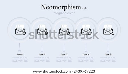 Mail line icon set. Information, checkmark, dollar, asterisk, favorites, correspondence, postman, gear, settings, minus, loading. Neomorphism style. Vector line icon for Business